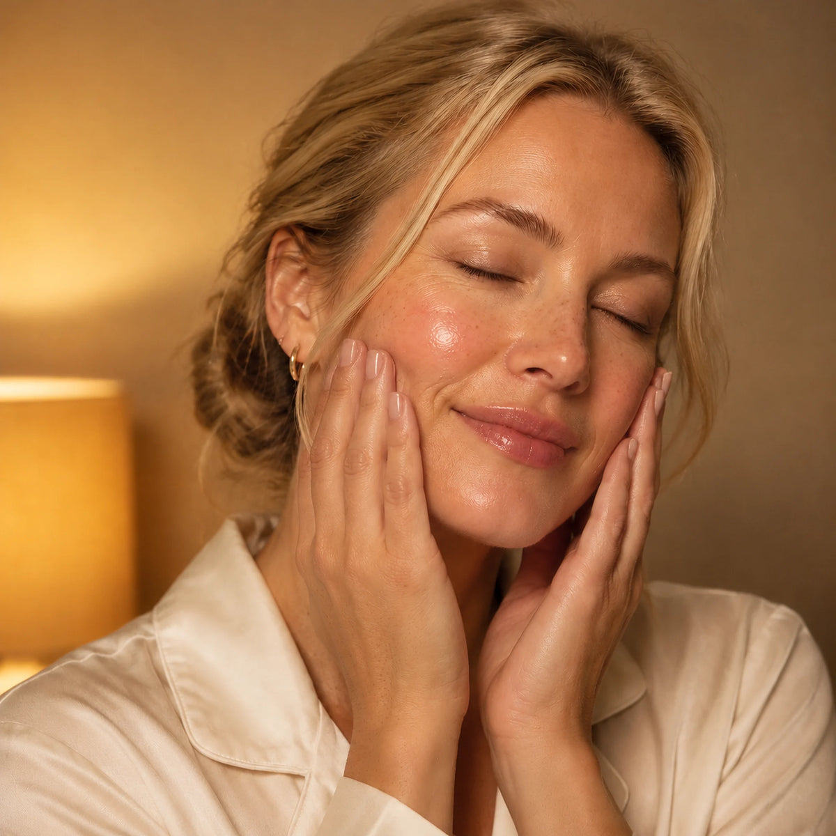 Woman in her 40s with soft, dewy skin, hands on her cheeks